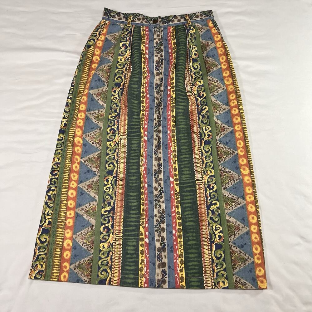 Willowbend Denim Skirt Size 14 Multicolor Aztec Midi Vintage VTG 90s Made in USA